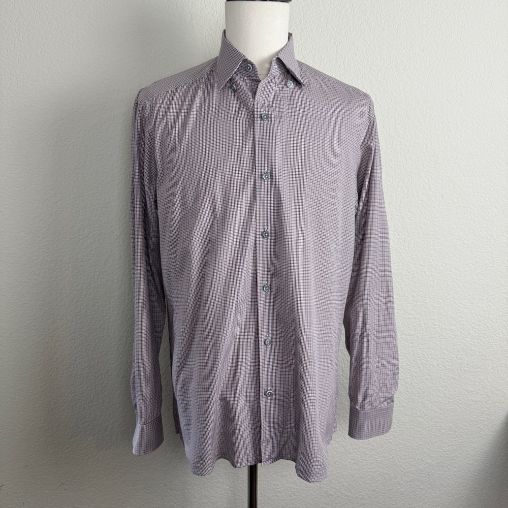 Ermenegildo Zegna Men’s Red and Grey Check Plaid Long Sleeve Button Down | L